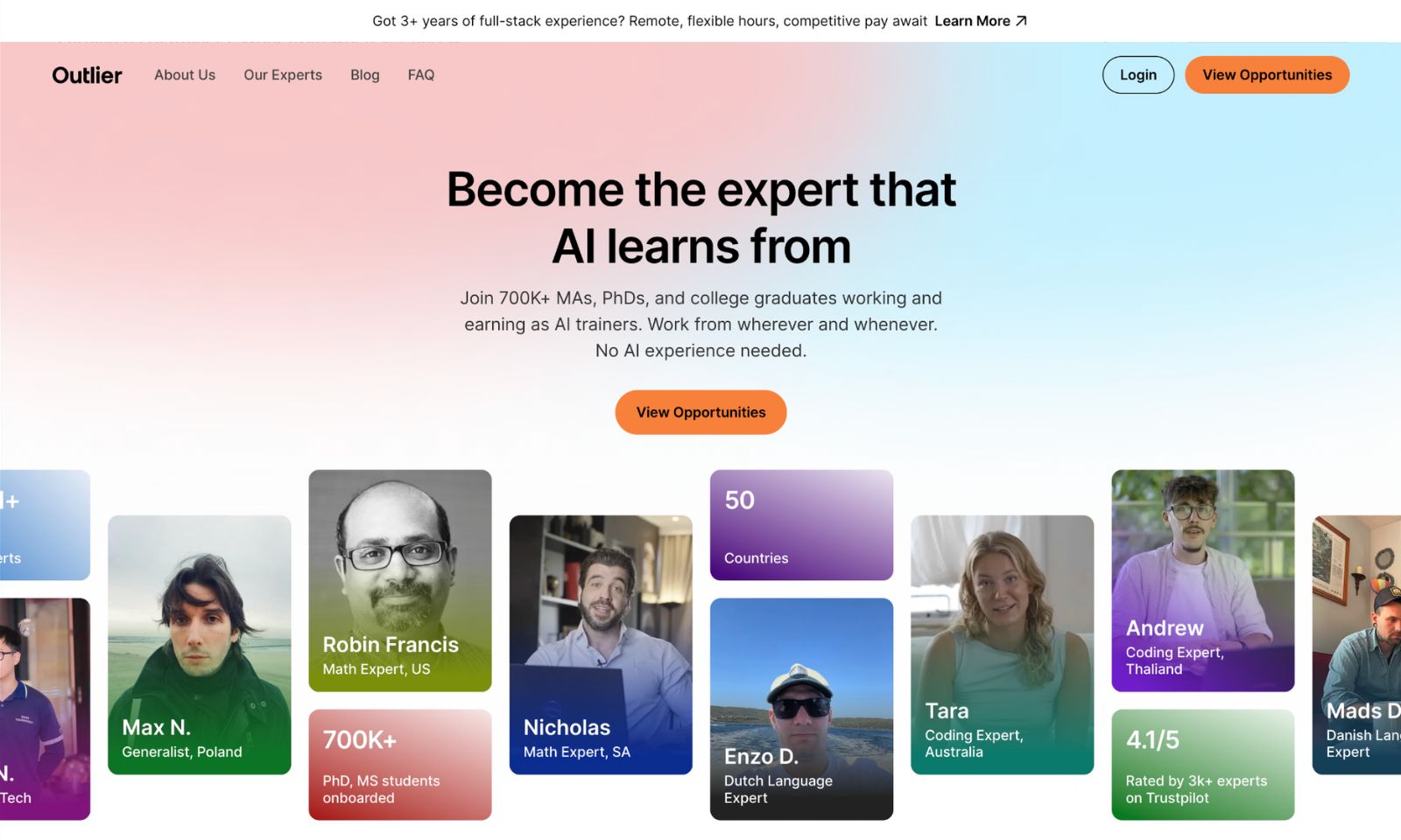 Screenshot del sito Outlier